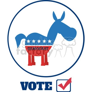 In the clipart image, there is a circular emblem with a blue border containing an illustration of a donkey colored blue and red, labeled DEMOCRAT, with five white stars above it. The donkey symbolizes the Democratic Party of the United States. Below the emblem are the word VOTE and an icon of a checkmark inside a square, suggesting the action of voting. 