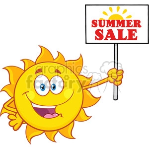 summer sun cartoon mascot character holding a sign with text summer sale vector illustration isolated on white background