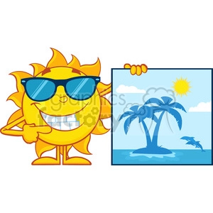talking sun cartoon mascot character with sunglasses pointing to a poster with tropical island vector illustration isolated on white background