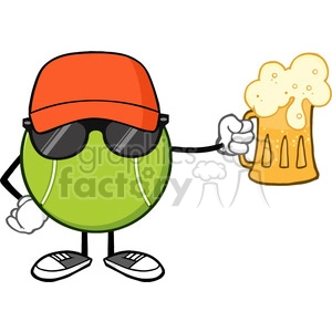 tennis ball faceless cartoon mascot character with hat and sunglasses holding a beer vector illustration isolated on white background