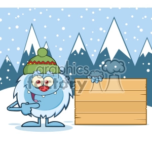 Cute Little Yeti Cartoon Mascot Character With Hat Pointing To A Wooden Blank Sign Vector With Winter Background