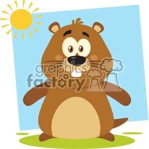 The clipart image features a cartoon groundhog. The character is standing on a patch of green grass with a smiling expression. Behind it, there's a sunny sky, with a bright yellow sun in the corner. The groundhog has a brown coat with a lighter tan belly, and it's depicted with large eyes, a small pair of teeth protruding from its mouth, and it looks a bit surprised or amused.