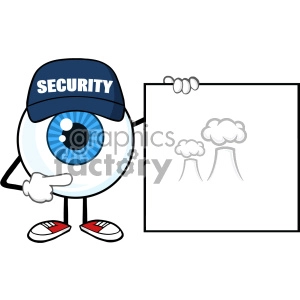 Blue Eyeball Cartoon Mascot Character Security Guard Pointing A Blank Sign Banner Vector