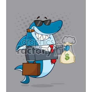 The image is a cartoon clipart depicting a funny anthropomorphic shark character dressed in business attire. The shark is wearing a dark suit with a red tie, sunglasses, and is carrying a brown briefcase in one fin and a bag of money with a dollar sign on it in the other fin. The shark displays a confident smile, showing its teeth, and the background is a simple grey with a halftone dot pattern.