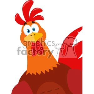 This clipart image features a cartoonish rooster character. The rooster has a vibrant red comb and wattle, large round blue eyes with a somewhat surprised expression, a yellow beak, and is primarily colored in shades of orange and brown with red tail feathers.