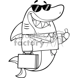 The image displays a cartoon character of a shark. The shark is depicted in a stylized and anthropomorphic manner, meaning it has been given human qualities. It's wearing sunglasses, dressed in a suit with a tie, and carrying a briefcase, giving it a professional or business-like appearance. The shark has a wide smile, revealing its teeth, and it's standing in an upright position on its tail fins, which serves to further humanize it.