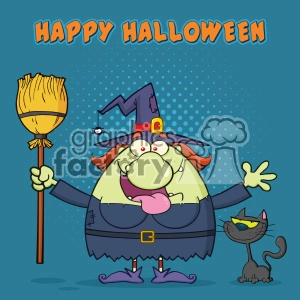 Happy Witch Cartoon Mascot Character Holding A Broom With Black Cat Vector With Halftone Background And Text Happy Halloween