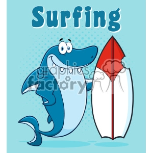 The image is a colorful and amusing clipart that features a friendly cartoon shark standing beside a surfboard. The shark has a big smile, and its eyes are wide and expressive, creating a humorous and endearing character. The background is a simple blue with a lighter bubble pattern, suggesting a watery environment, and the word Surfing is displayed prominently at the top in large, bubbly letters.