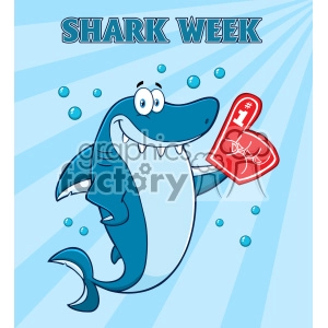The image is a cartoon illustration of a comical anthropomorphic shark character. The shark is portrayed in a playful and friendly manner with big, bulging eyes and a wide smile showing its teeth. It's holding a red foam finger. In the background, there are various sized bubbles, and the top of the image features the text SHARK WEEK, referring to a themed event or celebration about sharks. The color scheme is primarily shades of blue, conveying an underwater scene.