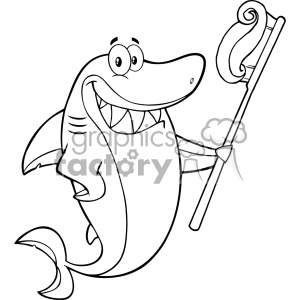 This clipart image features a cartoon character of a cheerful shark holding a shepherd's crook or staff. The shark has large eyes, a wide smile showing teeth, and its fins appear to be waving or gesturing. The image is a simple line drawing likely intended for coloring activities or as a fun mascot design.