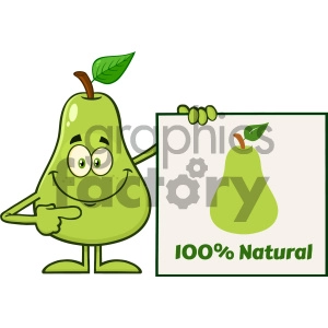 The clipart image features an anthropomorphic pear character with eyes, a smile, arms, and legs. The pear is holding a sign that shows another pear illustration with the text 100% Natural below it. The pear character is pointing to the illustration on the sign, possibly implying that it is 100% natural. The image is colorful and cartoonish, likely designed to convey a message about natural products or healthy eating.