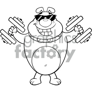 The clipart image features an outlined cartoon of a dog standing on two legs, with a happy expression, wearing sunglasses, and holding a dumbbell in each hand, depicting an exercise or fitness theme.