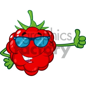 Royalty Free RF Clipart Illustration Red Raspberry Fruit Cartoon Mascot Character With Sunglasses Giving A Thumb Up Vector Illustration Isolated On White Background