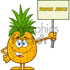 Pineapple Fruit With Green Leafs Cartoon Mascot Character Holding A Sign With Text Fresh Juice