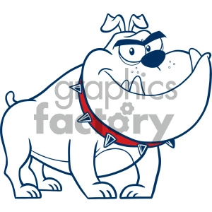 The image is a stylized clipart of a bulldog. The bulldog appears strong and muscular with a pronounced jawline. It has a surly or grumpy expression, with furrowed brows and one eye half-closed. Its ears are small and folded, typical of a bulldog breed. The dog is wearing a red collar with what appear to be silver spikes or studs.