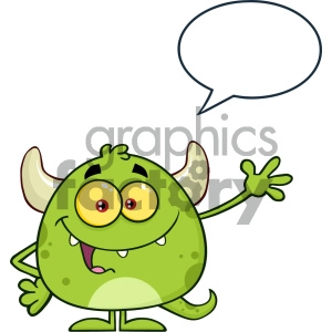 Happy Green Monster Cartoon Emoji Character Waving For Greeting With Speech Bubble Vector Illustration Isolated On White Background