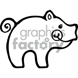 The clipart image features a simple line drawing of a pig. It has a prominent curly tail, a snout with nostrils, a pair of ears, and an eye. The pig is depicted in profile, facing right, with a stylized and minimalistic appearance.