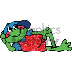 The clipart image depicts a colorful, cartoon-style frog that is lying on its back. It has a bright red body with white dots, a green face and limbs, and appears to be wearing a blue cap. The frog has large, exaggerated eyes with one eye partially closed, and its tongue is playfully sticking out.