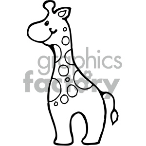 The clipart image depicts a simple line drawing of a giraffe. The giraffe is stylized with a smiling face, spots on its body, and a small tuft at the end of its tail. It appears to be designed for a child-friendly audience, such as for educational purposes or children's coloring activities.