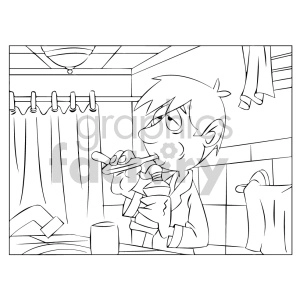 This image depicts a black-and-white line drawing in a clipart style showing a young boy brushing his teeth in a bathroom. The setting includes a shower curtain hanging on a rod, a towel on a towel holder, and a bathroom tile backdrop.