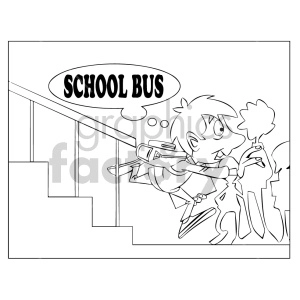 This is a black and white clipart image of a child, who appears to be a boy, running late for school. He is rushing down the stairs with a panicked expression on his face while looking back at a speech bubble that says SCHOOL BUS. His backpack is flung over one shoulder, and his hair is flying backward due to his speed. The boy is in a hurry, presumably trying to catch the school bus which he might have almost missed. The image could also be used as a coloring page, as it has clear outlines and ample space for coloring in.