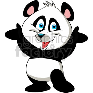 The image is a cartoon clipart of a cheerful panda. The panda is standing on two legs, with arms wide open as if greeting or inviting a hug. It features characteristic black and white coloring, with prominent blue eyes and an expressed cute smile.