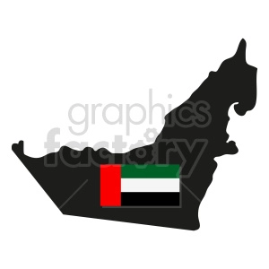 The image is a clipart representation of the geographical shape of the United Arab Emirates (UAE) with the flag of the UAE superimposed on its silhouette. The flag features three horizontal bands of green, white, and black with a vertical red band on the hoist side.