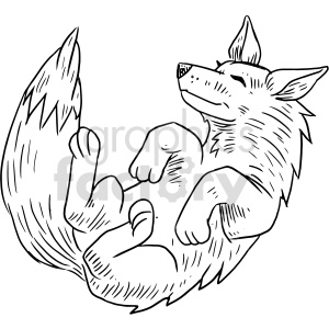 The image depicts a stylized illustration of a canine animal that resembles a wolf or dog in a relaxed, lying-down position. The animal is shown with a bushy tail, pointed ears, and a serene expression on its face, which may suggest a content or peaceful state.