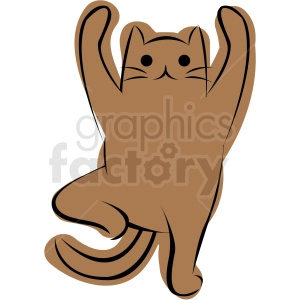 The clipart image depicts a cartoon-style brown cat engaged in a yoga pose with its limbs stretched upwards. Its facial features include two dots for eyes and simple lines for whiskers, indicating a minimalistic design.