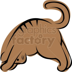 The clipart image features a stylized drawing of a cat performing a yoga pose. The cat appears to be in a deep forward bend or downward-facing cat posture, with its back arched and tail curled upwards.