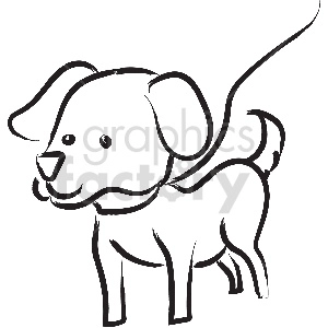 The image is a black and white clipart of a cheerful-looking dog with noticeable features such as floppy ears, a wagging tail, a collar, and a friendly expression.