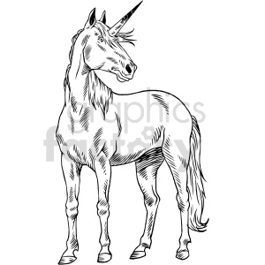 The clipart image features a unicorn, a mythical creature resembling a horse with a single, spiraling horn projecting from its forehead. The unicorn is standing in profile, facing to the left of the image. It has a flowing mane and tail, and the illustration is done in a black-and-white line art style suitable for coloring or use in simple graphics.