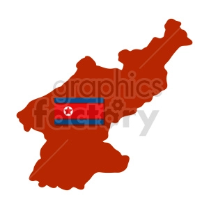 The image is a simplified graphic representation of a map, colored in a solid red shade, depicting the geographical shape of the Korean Peninsula. Overlaying the center of the northern part of the peninsula is the flag of North Korea, also known as the Democratic People's Republic of Korea. The flag has a central red panel bordered by narrow white bands and blue stripes, with a white circle in the middle featuring a red five-pointed star.