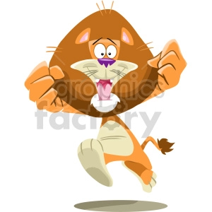 This is an image of a cartoon lion jumping or leaping forward. The lion has a large, round face with a comical expression, wide-open eyes, and an open mouth as if it's either surprised or ecstatic. Its body is portrayed with exaggerated features, such as large paws and a small torso.