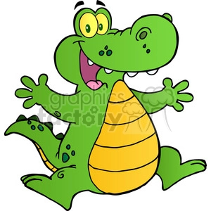 The image is a cartoon drawing of a green crocodile with yellow eyes, a mouth with blunt teeth, and a handprint with a black outline. 