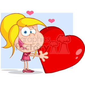 The clipart image depicts a comical illustration of a little girl with big blue eyes and blonde hair, wearing a pink dress and pink shoes. She's hugging a giant red heart that is almost as big as herself. Above her, two smaller hearts float, suggesting she's feeling love or affection.