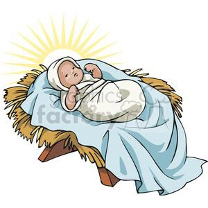 This clipart image depicts Baby Jesus lying in a manger surrounded by a bright, glowing halo. The baby is swaddled in white cloth with a blue blanket, and the manger looks to be made of straw and wood. The image is a simplified and stylized representation of the Nativity scene, which is commonly associated with Christmas.