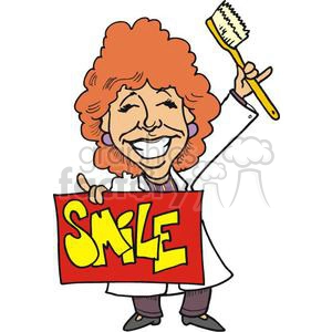 The clipart image features a caricature of a cheerful person with curly red hair. The character is dressed in a white lab coat, suggesting they may be a dental professional. They are holding up a large toothbrush in one hand and a sign with the word SMILE written in bold, colorful letters in the other hand. The person is smiling broadly, which goes along with the dental theme of promoting oral hygiene and the importance of brushing teeth for a healthy smile.
