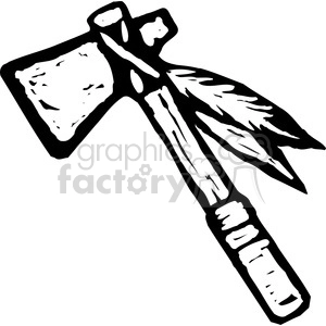 The image is a black and white clipart of a tomahawk, which is a type of single-handed axe originally used by Native American peoples. The tomahawk in the image features a prominent cutting edge with a shorter, pointed end opposite the blade. There is a decorative feather attached to the handle, invoking a cultural association with Native American heritage or style.
