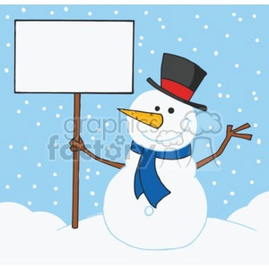 snowman holding a sign wearing a blue scarf and a top hat 