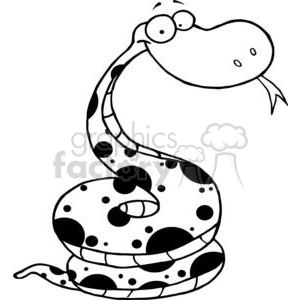 The image shows a black and white line art illustration of a cartoon snake. The snake has a rounded body with spots, a friendly expression, and appears to be sticking its tongue out.