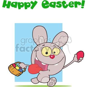 Brown Whacky Bunny Carrying a Backet full of Easter Eggs In Front of a Blue Background