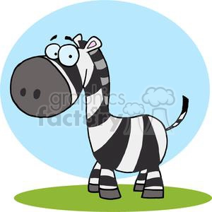 The clipart image features a cartoon zebra. It appears to have a comical character with exaggerated, wide eyes and a large nose, adding to its funny, whimsical appeal. The zebra is standing on a patch of green grass, with a sky blue background encircling it.