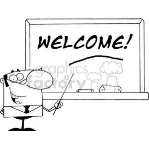 Male School Teacher Using A Pointer To Show Welcome On Chalk Board