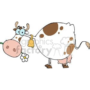 The image is a clipart illustration of a comical cow. The cow has a cartoonish appearance with large, exaggerated eyes and is depicted in a playful pose. The cow has the typical black and brown spots on a white background that are associated with dairy cows. There's also a bell hanging from its neck, and it appears to be looking back over its shoulder, possibly at its own hindquarters. A small flower is placed near its tail, adding to the humorous setup of the image.