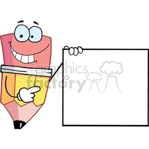 The image is a clipart featuring a cartoon pencil character. The pencil has a smiling face, hands, and legs. It is holding up a large blank sign with one of its hands and pointing to it with the other hand, suggesting that it is ready for some text to be written or added onto the sign. The pencil character is portrayed in a humorous and friendly manner, which could make it a great asset for educational or promotional purposes where engaging content is desired.