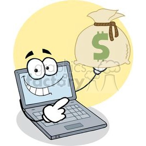 Laptop Cartoon Character Displays Money Bag