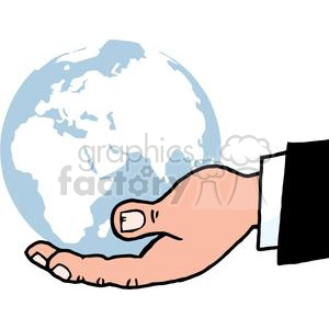 This clipart image displays a simplified representation of the Earth cradled in a human hand. The hand looks cartoonish, wearing what appears to be a suit sleeve with a cuff, indicating a formal or business tone.