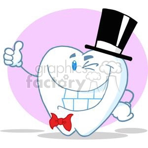 This clipart image features a stylized, anthropomorphic tooth character. The tooth has a happy facial expression with a big smile showcasing clean, white teeth. It's got winking blue eyes, is wearing a black top hat, and a red bow tie. The tooth is giving a thumbs-up gesture with one hand.