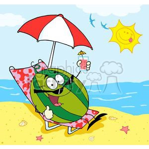 The clipart image depicts an anthropomorphic watermelon character lying on a beach chair under an umbrella, seemingly enjoying a sunny day at the beach. The watermelon has a happy expression, sunglasses, and is giving a thumbs-up sign with one hand while holding a drink with a small umbrella in the other. The beach scene includes sand with some starfish and shells, the sea, and a smiling sun in a blue sky, with two birds flying in the distance.